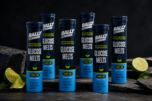 Six tubes of Rally Higher Glucose Melts arranged in a grid, Lemon Lime flavor