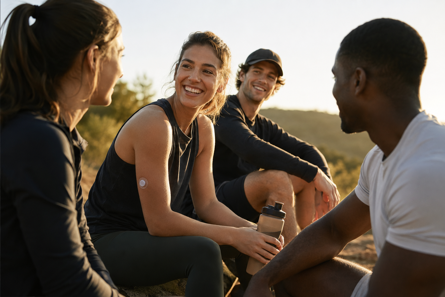Group of friends on a hike, one wearing a glucose sensor