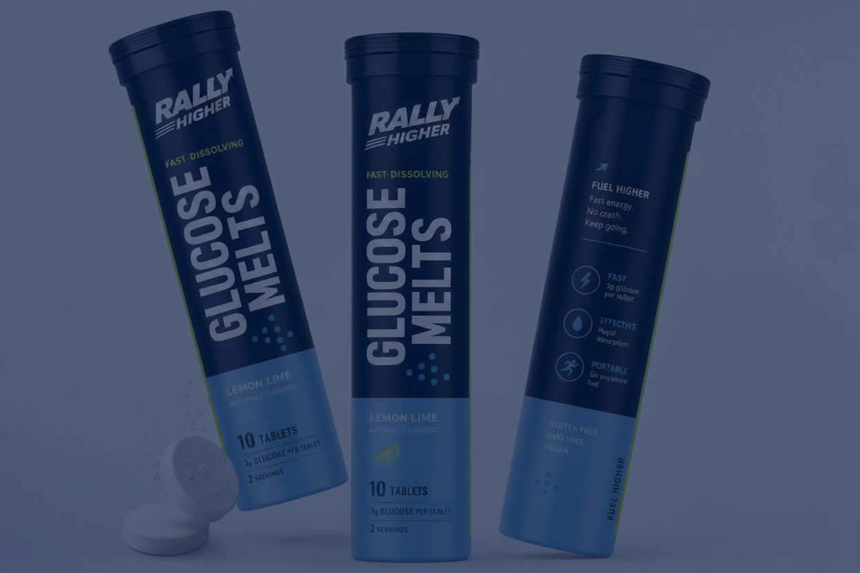 Three tubes of Rally higher Glucose Melts on a white background